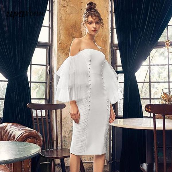 

elegant women's bandage midi dress off-shoulder mesh layered lotus leaf sleeve button bodycon club vestidos casual dresses, Black;gray