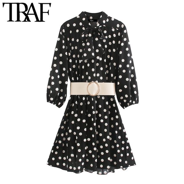 

traf women chic fashion polka dot with belt pleated mini dress vintage bow tie three quarter sleeve female dresses 210415, Black;gray