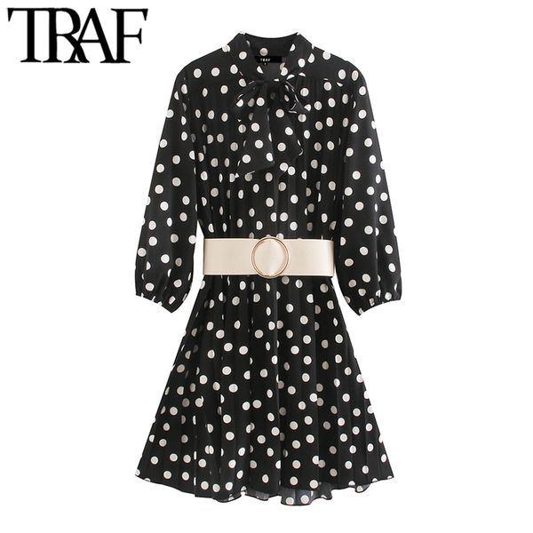 TRAF Women Chic Fashion Polka Dot con cintura Pieghettata Mini Dress Vintage Bow Tie Tre quarti Abiti femminili a tre quarti 210415