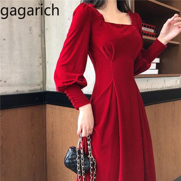 

casual dresses gagarich women french vintage velour spring square collar long sleeve slim waist solid vestidos lady elegant dress, Black;gray