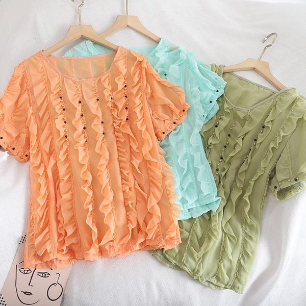 

women's blouses & shirts summer 2021 hyuna style pleated round neck nail beads short ruffled hooded foreign chiffon jfmhrx blous, White