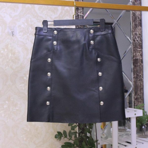 

skirts arrival fashion women's metal buttons genuine leather mini b536, Black