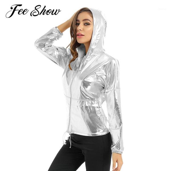 

women's jackets shiny metallic jacket womens outerwear long sleeves hooded spring coat femme zip up for club festival, Black;brown