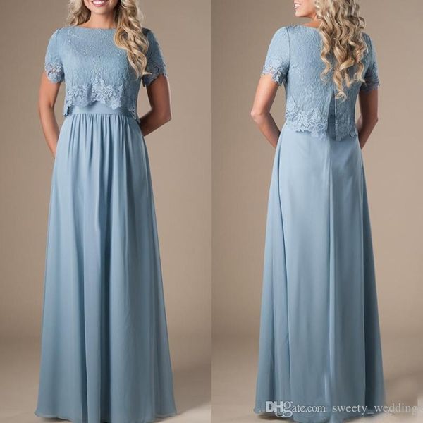 Duas peças modestas rosa dama de honra vestidos com mangas curtas empoeirado azul laço top formal vestidos de noite boho vestido de festa de casamento