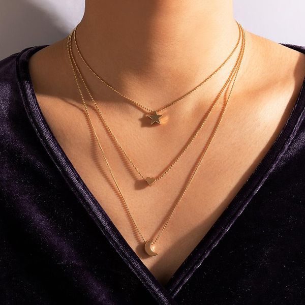 

pendant necklaces fashion star moon layered necklace for women charms geometry heart gold alloy metal lady wedding jewelry collar 169, Silver