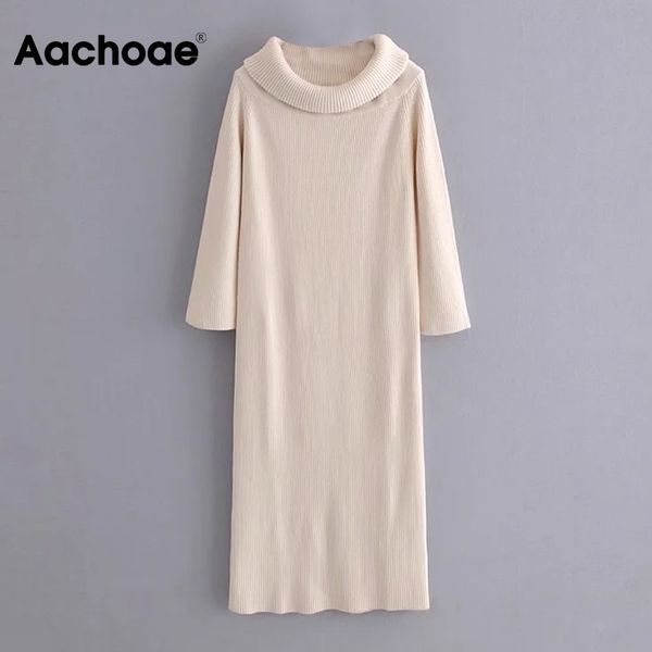 Aachoae Tinta unita Donna Autunno Inverno Casual Abito lavorato a maglia Dolcevita allentato Abiti longuette Manica lunga Elegante abito maglione 210413