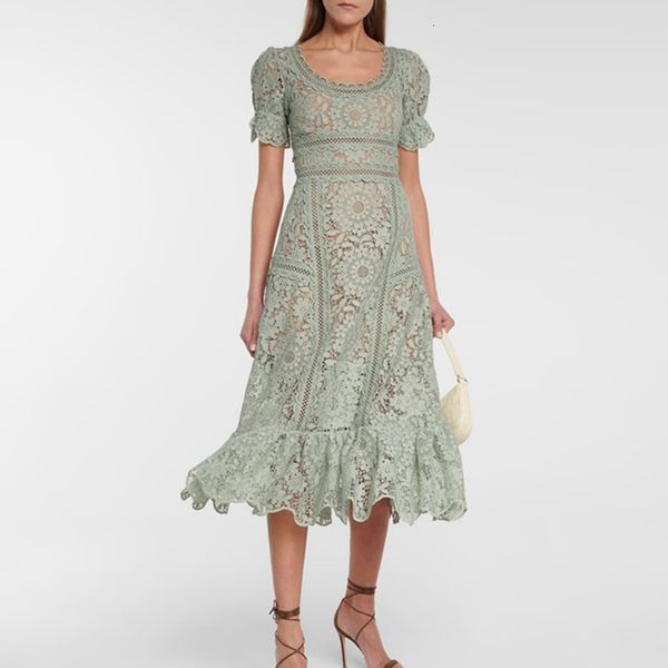 

dresses runway new arrival 2021 women hollow out puff sleeve floral lace long a line midi white party dress, Black;gray