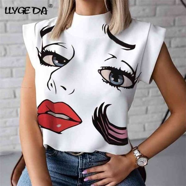 

sleeveless lip print womens tshirts summer stand neck streetwear t shirts lady loose fashion white tshirt female 210708