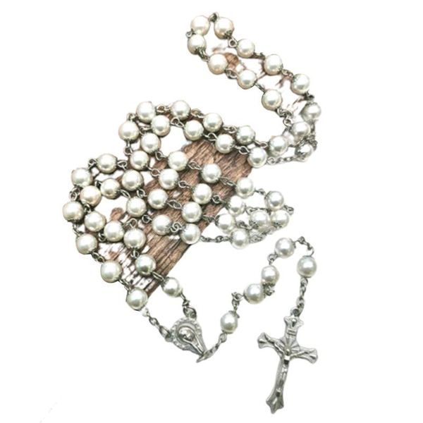 

pendant necklaces catholic rosary metal and pearl beads necklace jewelry religious bead blessed virgin mary with jesus cross, Silver