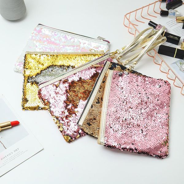 

sequin travel fashion zipper bag square hand cosmetic flat portable storage owbfe