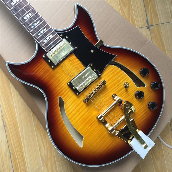 

handmade johnny a jazz electric guitar, semi-hollow body vos sunburst color guitar