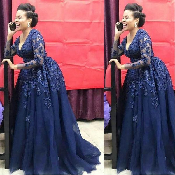 

navy blue tulle mother of the bride dresses deep v neck lace appliques floor length plus size wedding guest gowns evening dress, Black;red