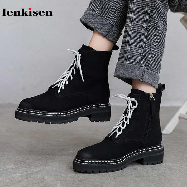 

boots lenkisen star genuine leather lace up preppy style med heels round toe fashion winter breathable keep warm women ankle l19, Black
