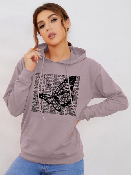 

slogan and butterfly print hooded sweatshirt h4pc#, White;black