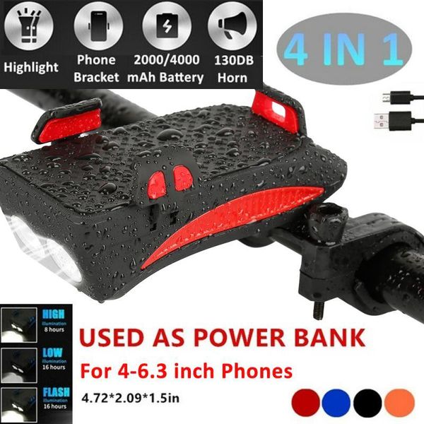 

in 1 led bike light headlight bicycle phone bracket cycling bell horn usb rechargeable 2000/4000 mah accessories lights