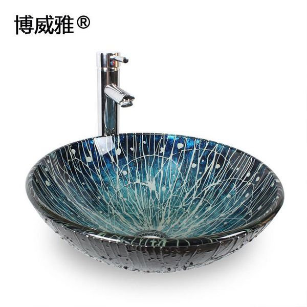 

sanitary ware blue hand-painted glass art basin wash combination cabinet bathroom above counter sink faucets