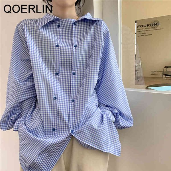 

blouses qoerin loose plaid long shirt women turn-down collar fake button bf oversize blouse female harajuku lantern sleeve, White