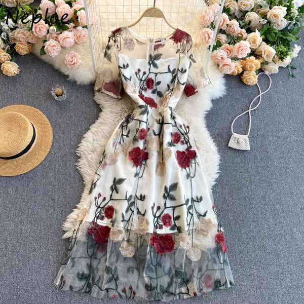 

neploe heavy work flower embroidery long dress women high waist hip a line slim vestidos o neck short sleeve robe summer 210423, Black;gray