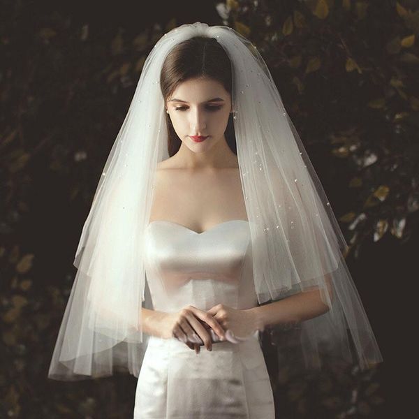 

bridal veils real po of veil with lace pearls white ivory church wedding accessories 60-80 cm, Black
