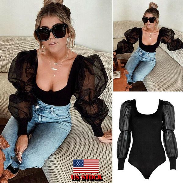 

women's jumpsuits & rompers women sheer mesh puff long sleeve bandage leotard jumpsuit bodysuit casual short clubwear, Black;white