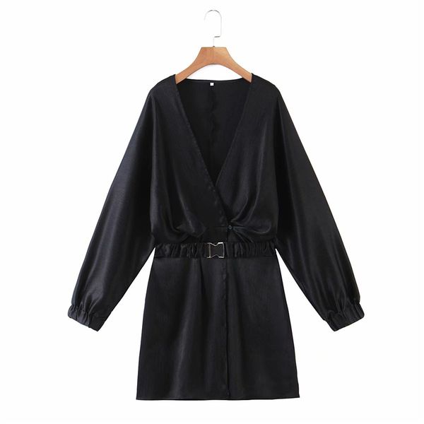 

streetwear women black chiffon dress fashion ladies v-neck mini dresses causal female chic elastic sashes loose vestidos 210427, Black;gray