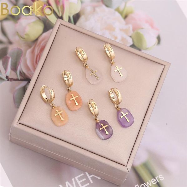 

hoop & huggie boako fashion stainless steel 3 colors natural stone earrings punk jewelry for cool women girl friendship gifts accessories, Golden;silver