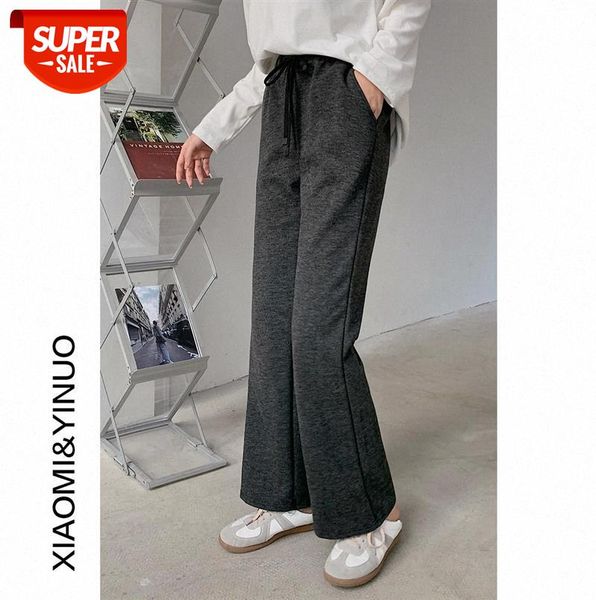 

[ou fan] 7738 thick solid color woolen wide-leg pants women's high-waist straight-leg loose casual plus velvet trousers #4j8x, Black;gray