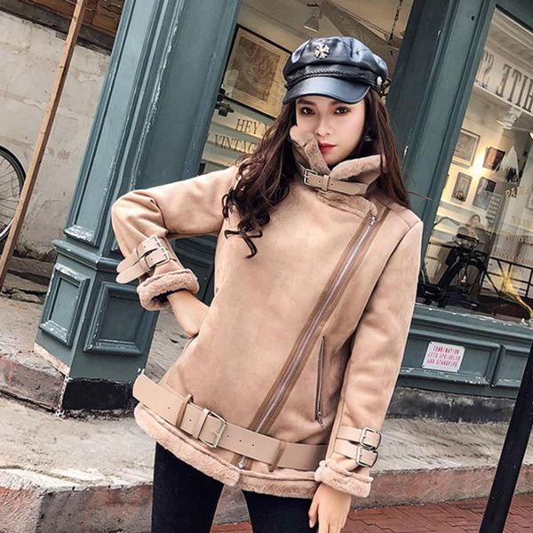 

women's fur & faux winter coat suede leather jacket women thicken warm zipper casual overcoat short outerwear female, Black