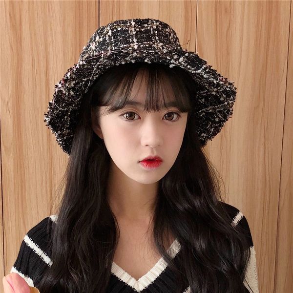 

fisherman's hat women's winter versatile basin hat solid color plaid forest series burred sun hat youth folding