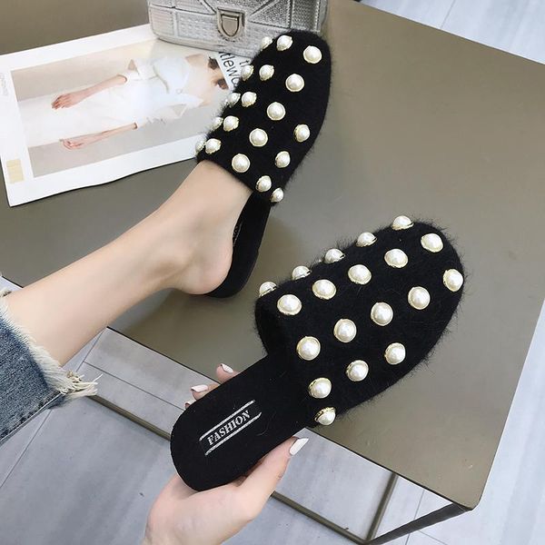 

slippers women black/khaki pearl decorate fur with plush female autumn outdoor flat shoes retro beading slides feminino mules