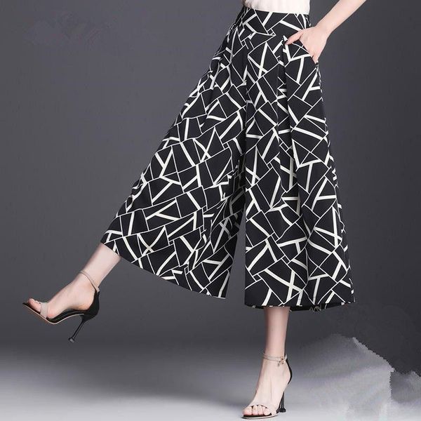 

women 2021 summer fashion printed wide-leg pants female loose chiffon ladies high waist calf-length trousers e49 women's & capris, Black;white
