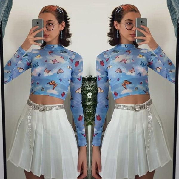 

women's t-shirt women hollow mesh net long sleeve turtleneck short tee transparent butterfly print clubwear blue, White