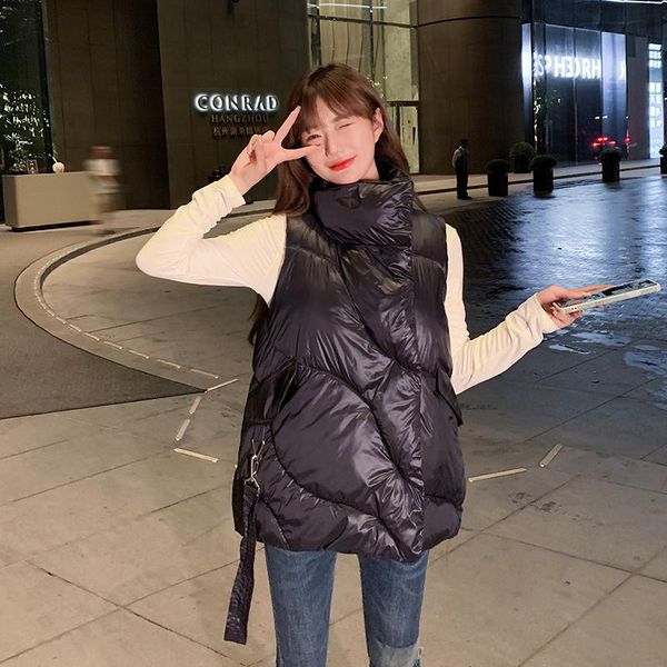 

women's vests autumn winter puffer vest jacket stand collar warm casual cotton padded quilted zipper ladies sleeveless waistcoat, Black;white