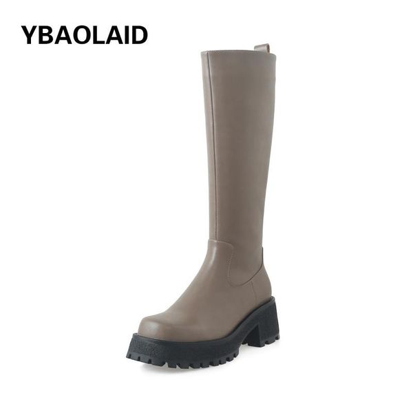 

boots fashion round-toe waterproof platform side zipper mid-tube for fall/winter style cowhide thick heel knee-length, Black