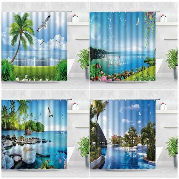 

shower curtains ocean scenery curtain tropical plants coconut tree flower birds swans landscape waterproof bathroom decor cloth