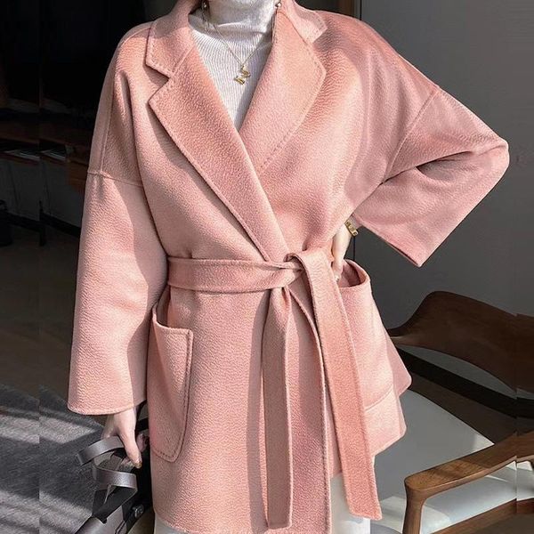 

women's wool & blends 2021 winter classic coat double-faced 100% woolen female short design with belt robe style women, Black
