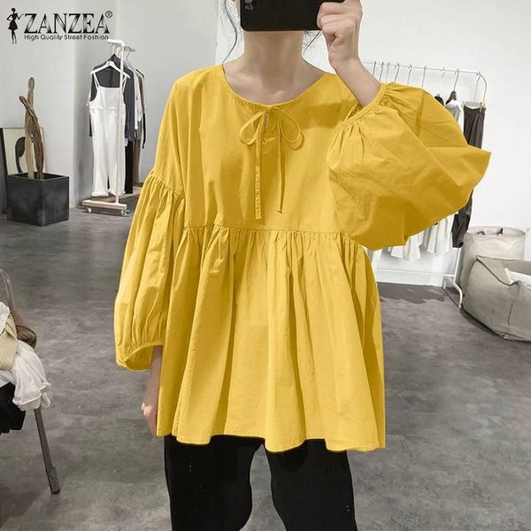 

women's blouses & shirts elegant pleated 2022 puff sleeve solid lace up blusas female casual v neck tunic chemise, White