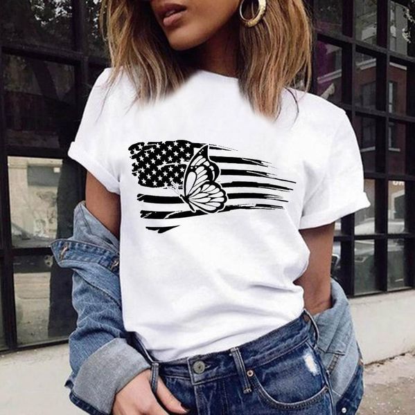 

women graphic usa flag american patriotic heart love summer t-shirt lady butterfly clothing clothes tee female shirts women's, White