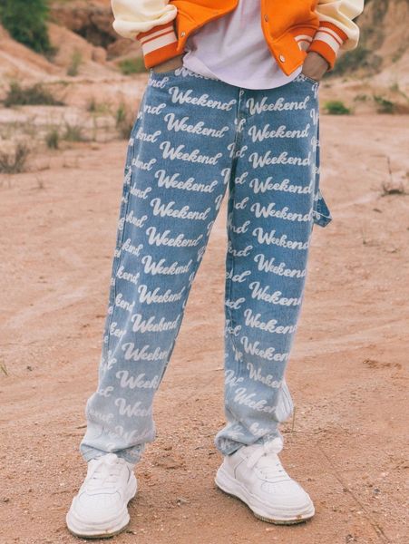 

men allover letter graphic ombre jeans d5bf#, Blue