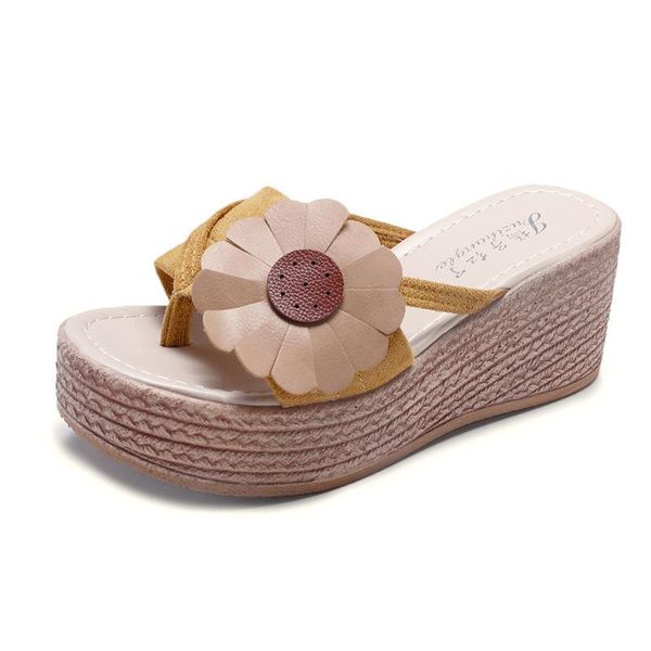 

sandals slope heel platform summer fashion outer wear women all-match flower seaside beach shoes, Black
