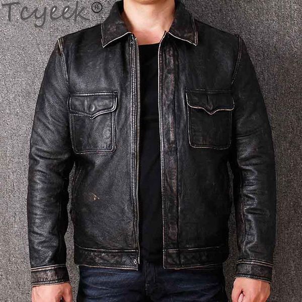 

men's leather & faux tcyeek mens genuine jacket coats brand clothing automotive man cow male bomber a574 pph1035, Black