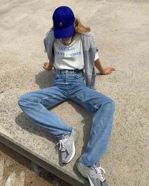 

90s streetwear fashionable boyfriend vintage grunge jeans high waist long legged denim female-style skater pants, Blue