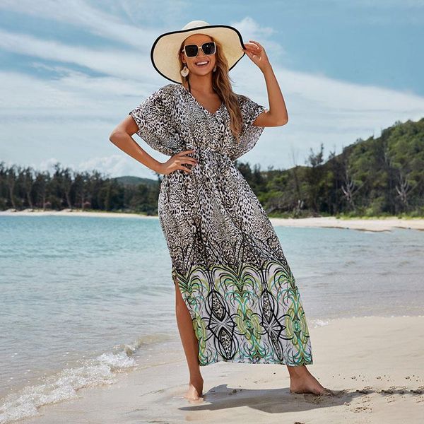 

women's swimwear bikini cover-ups short sleeve tunic boho printing summer beach dress elegant women plus size wear swim suit cover up, White;black