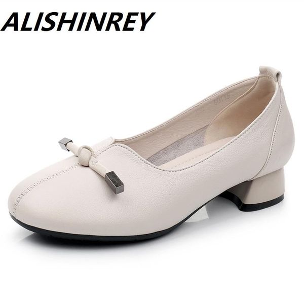 

dress shoes alishinrey 2021 women autumn spring genuine leather low thick heels handmade vintage cowhide woman pumps, Black
