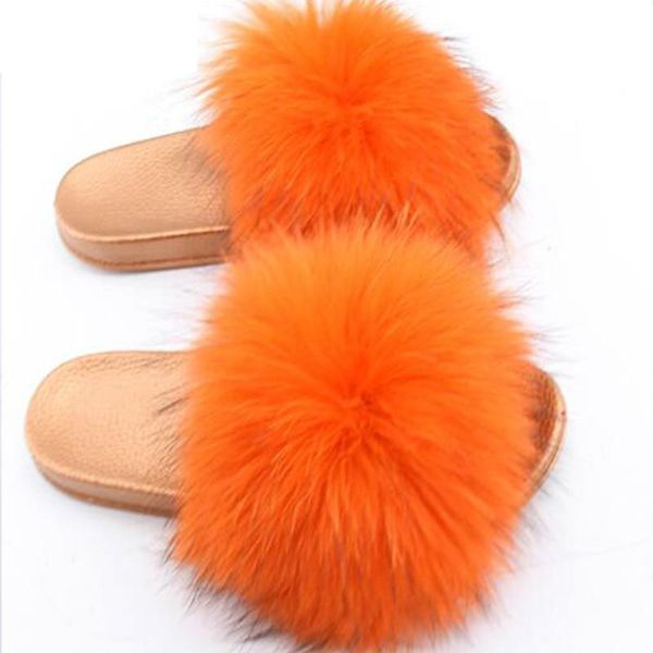 

fluff sandals furry slippers raccoon fur non-slip faux slides lady's plush, Black