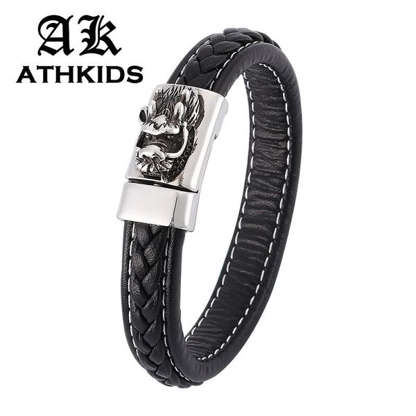 

charm bracelets punk stainless steel dragon head magnetic buckle leather bracelet men jewelry wristband bangles gifts pd0356, Golden;silver