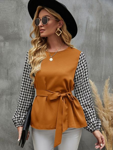 

houndstooth print lantern sleeve belted blouse e0cq#, White