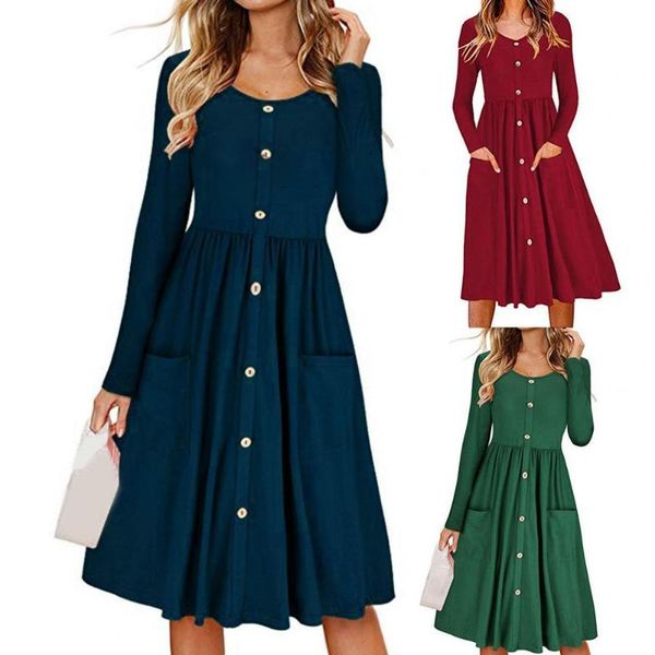 

casual dresses summer unique o neck pleated hem midi dress long sleeve buttons closure pockets women tunic streetwear 2021 plus size, Black;gray