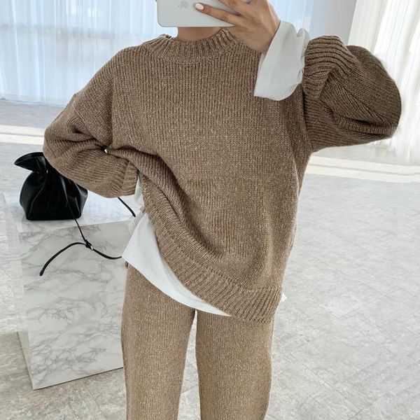 

women's two piece pants autumn pullovers khaki o neck long sleeve knitted sweater split high waist wide leg knitting casual 2 sets retr, White