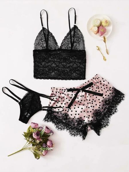 

product style fun underwear lace split pajamas three piece set, Red;black